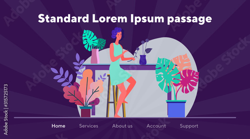 Woman making flower composition. Female florist arranging bouquet flat vector illustration. Home decor, plant breeding, floristry concept for banner, website design or landing web page