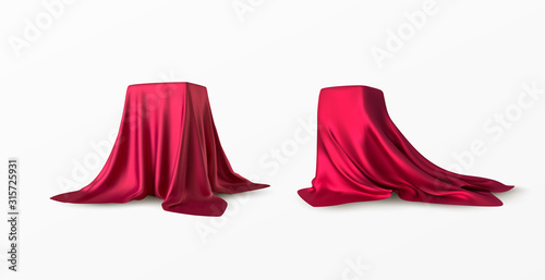 Realistic box covered with red silk cloth. Isolated on white background. Satin fabric wave texture material. Textile design, fabric. Vector illustration