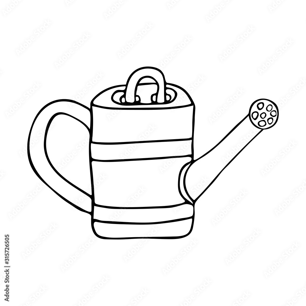 Obraz premium Watering can for watering flowers and plants. Black and white doodle style illustration. Spring and summer concept vector