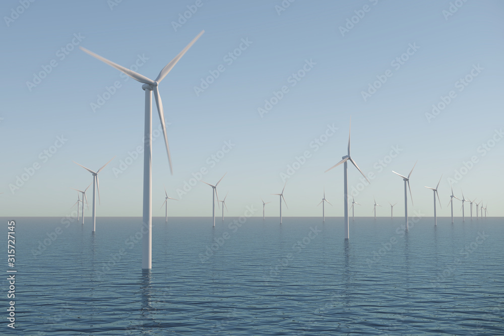 Wind turbines on the ocean. Offshore wind farm.