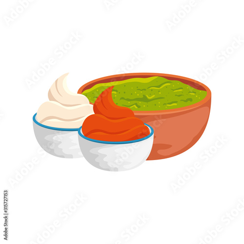 bowl with delicious guacamole and sauces isolated icon