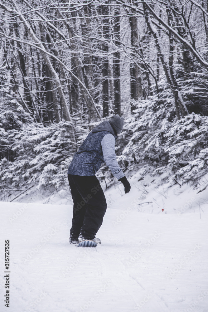 Person riding snowskate board in a winter trail