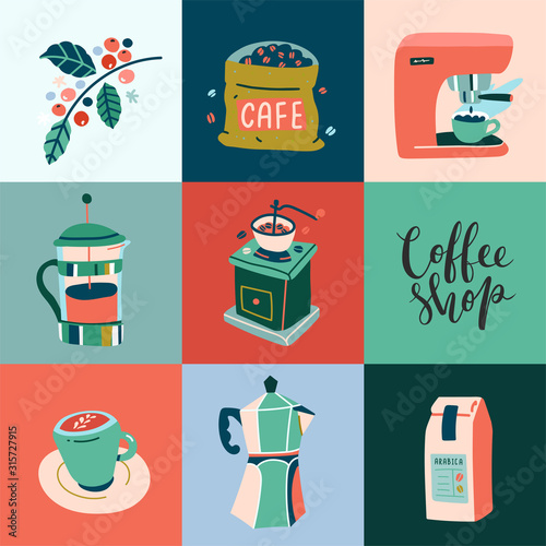 Poster for coffee shop or cafe, square block composition, modern hand drawn illustrations, vector banner with coffee maker, tools and utensils.