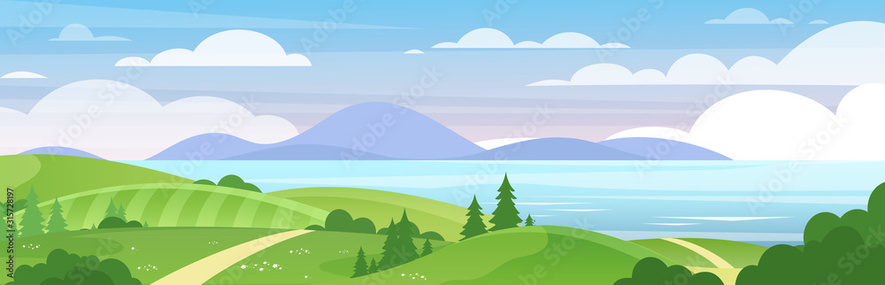 Sea and mountains landscape flat vector illustration