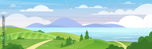 Sea and mountains landscape flat vector illustration