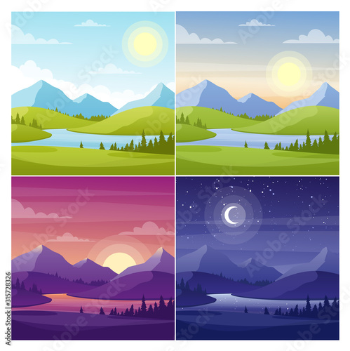 Sea and mountains landscape flat vector illustrations set