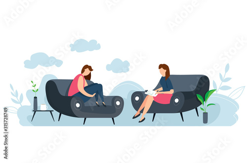 Modern vector illustration of Psychotherapy. Woman psychologist and crying and sad woman patient. Sitting on sofa. Mental health concept.