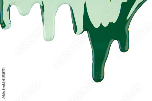 Abstract artistic paint Green color dripping over white background