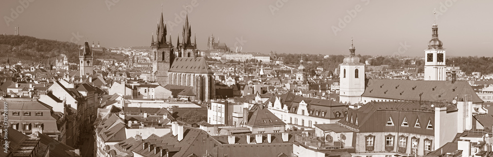 Prague - The panorama of the City with the Church of Our Lady before Týn and Castle with the Cathedral in the background.