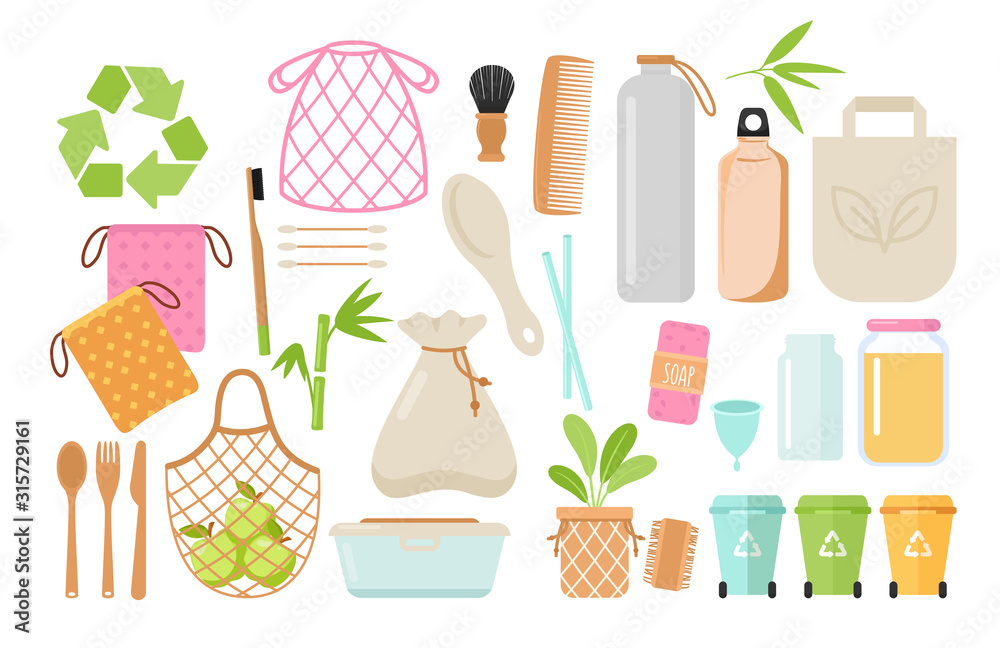 Fototapeta premium Zero waste and eco friendly items flat vector illustrations set
