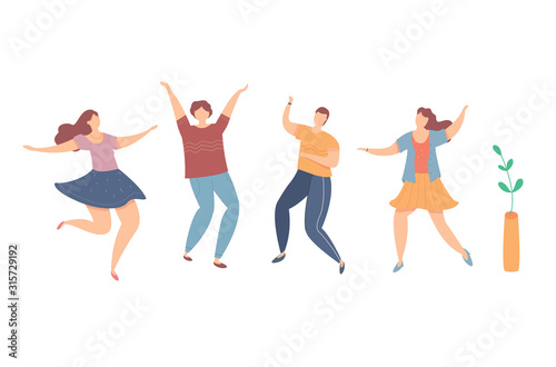 Modern vector illustration of young happy dancing people. Set of characters having fun at party. Male and female in trendy clothes. Men and women enjoying events
