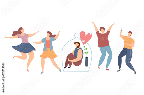Modern vector illustration of introvert and extravert on party. Lonely introvert boy among dancing people. Sad man under the glass dome. Broken love.