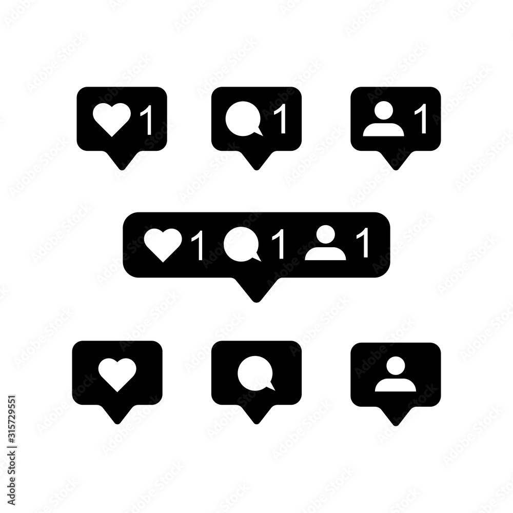 Social media notification bubbles.Comment, like, follow flat icons. Eps 10 vector.
