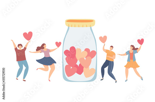 Modern vector illustration of Concept of charity and donation. Volunteers throw hearts symbol into a box for donations. Social care and help concept. Tiny people sharing kindness and caring