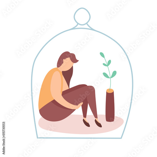 Modern vector illustration of miserable, sad, unhappy woman sitting under the glass dome. Concept of depression, trouble and psychological problems. Introversion.