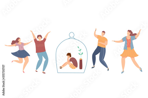 Children depression. Vector concept. Introvert kid on the party under the glass dome among dancong people