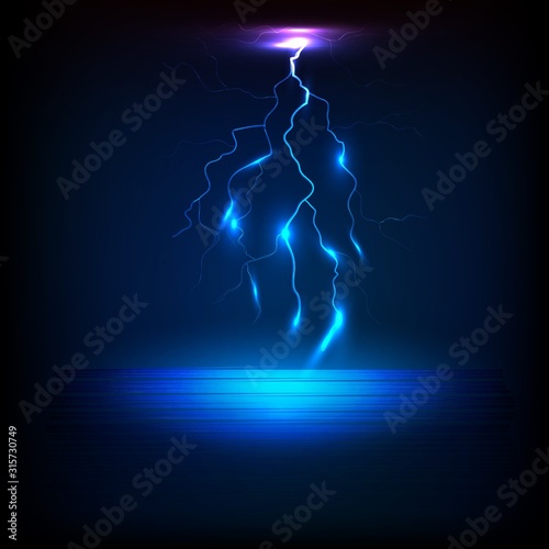 Realistic vector, bright magic light effect. Lightning, electric ball, storm at sea. A powerful blow, a bright flash. Electric light thunder sparks, isolated, for your design. Vector clipart.