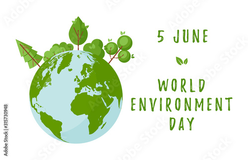 World environment day concept with green trees and planet Earth. Design for web banners, posters, cards etc in flat style. Vector illustration
