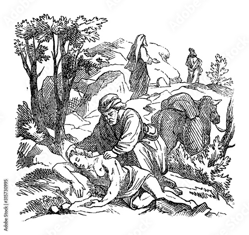 Vintage drawing or engraving of biblical story of Jesus and the parable of good Samaritan.Man helping wounded man attacked by robbers.Bible,New Testament,Luke 10. Biblische Geschichte , Germany 1859.