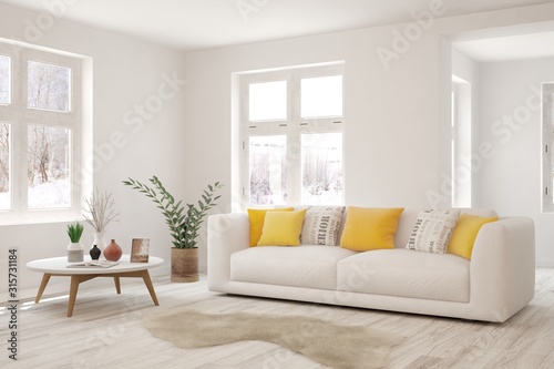 Stylish room in white color with sofa and winter landscape in window. Scandinavian interior design. 3D illustration © AntonSh