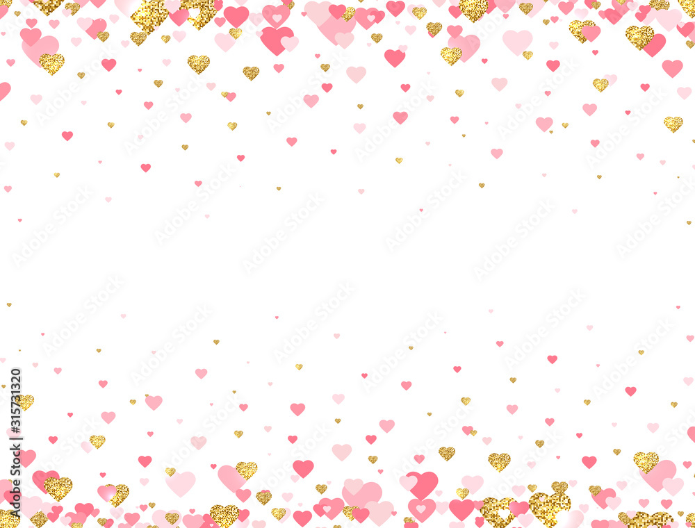 Gold glitter and pink hearts frame. Bright hearts confetti falling on white background. Valentines Day banner for greeting cards, wedding invitation, gift packages. Vector illustration