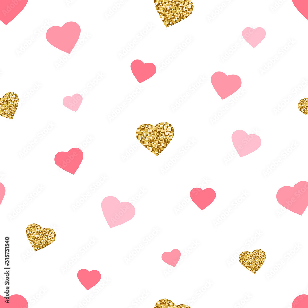 Gold glitter and watercolor pink hearts seamless pattern. Valentines Day background. Golden foil. Bright doodle heart confetti. Romantic wallpaper design with symbol of love. Vector illustration