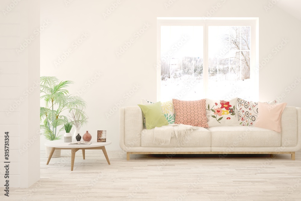 Fototapeta premium Stylish room in white color with sofa and winter landscape in window. Scandinavian interior design. 3D illustration