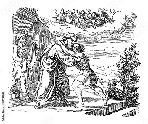 Vintage drawing or engraving of biblical story of Jesus and parable of lost son. Father is welcoming his lost son at home.Bible,New Testament,Luke 15. Biblische Geschichte , Germany 1859.