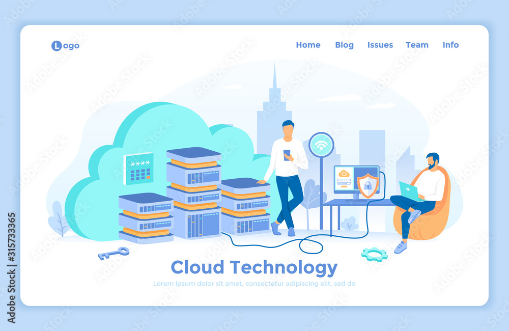 Cloud computing and web services, technology, data storage, hosting, connection. Users connect to the cloud servers from laptop, computer, phone. landing web page design template decorated with people Cloud computing and web services, technology, data storage, hosting, connection. Users connect to the cloud servers from laptop, computer, phone. landing web page design template decorated with people