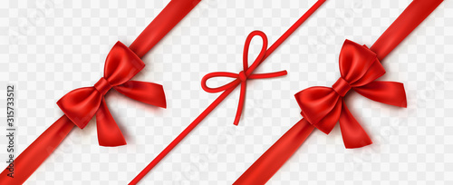 Bow set isolated on transparent background. Vector Christmas red satin diagonal ribbons with shadow, xmas wrap elements template.