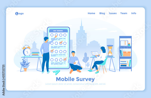 Online mobile survey testing questionnaire. Phone screen with online filling forms and check marks. A group of people making online testing, examination. landing web page decorated with people