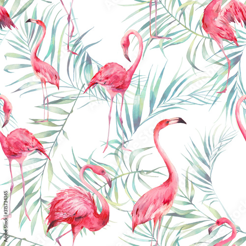 Watercolor flamingo and palm leaves texture. Hand drawn seamless pattern with exotic green branches on white background. Beach wallpaper design