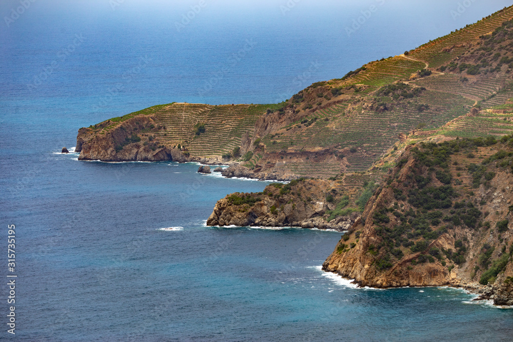 Fototapeta premium Shoreline in the cliff with mountains covered by numerous banana cultivation farms.