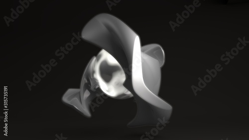 3D composition of two unique silver and platinum figures connected by a glowing sphere, a shining ball. Futuristic 3D rendering of unique abstract forms, prosperity and luxury, power and energy.
