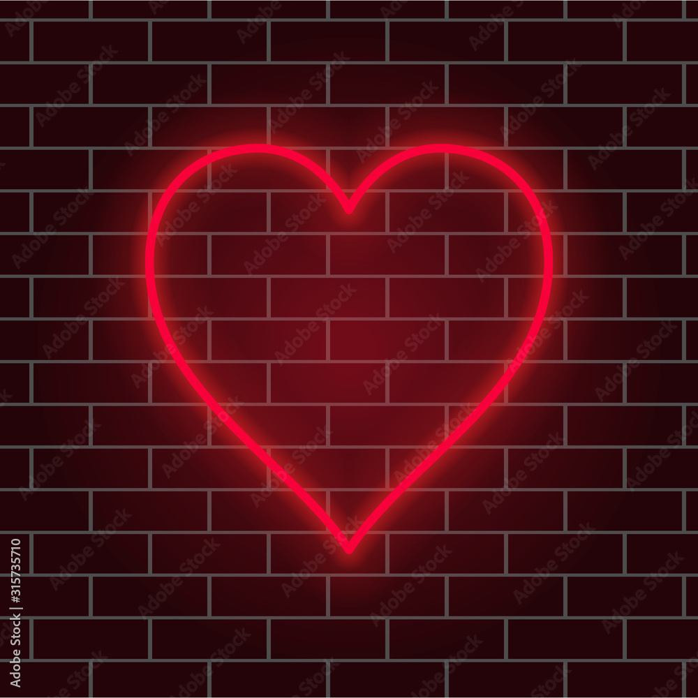 Neon red heart. Retro glowing heart sign. Night light advertising. Vector illustration
