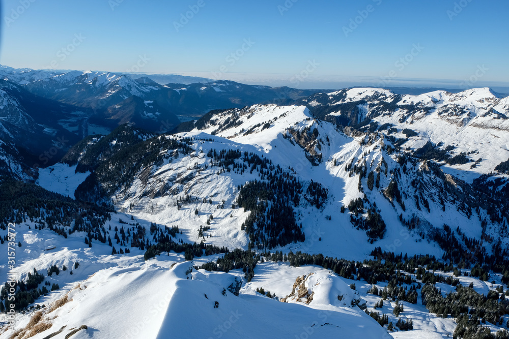 Top Mountain view from the Diedamskopf over the  snow covered winter Mountains off Vorarlberg, Bregenzerwald, Vorarlberg, Austria, Europe