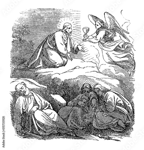 Vintage drawing or engraving of biblical story of Jesus praying in Gethsemane. Angel giving him cup of suffering.Bible,New Testament,Mark 14,Matthew 26. Biblische Geschichte , Germany 1859.