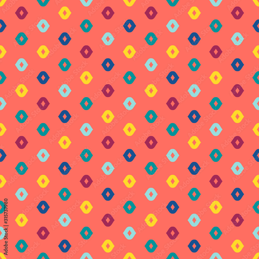 Vector colorful geometric seamless pattern. Simple abstract minimalist texture with small shapes, dots, drops. Minimal funky background. Coral, yellow, red, green and blue colors. Summer style design