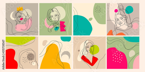 Set of eight illustrations. Outline female silhouettes and abstract backgrounds. Contemporary modern trendy vector illustrations. Every illustration is isolated. Pastel colors
