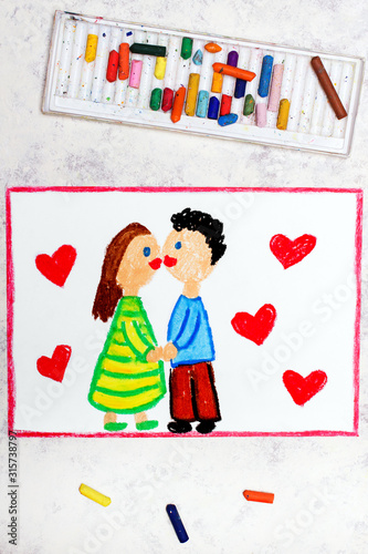 Photo of colorful drawing: Kissing couple. Valentines day card