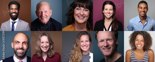 Different portraits of people in front of a background