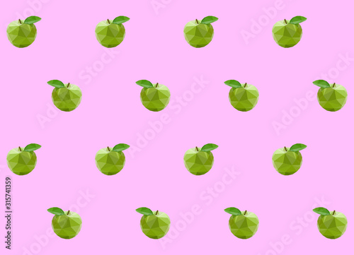 Fototapeta Naklejka Na Ścianę i Meble -  Green apple seamless pattern. Low poly illustration on pink background.