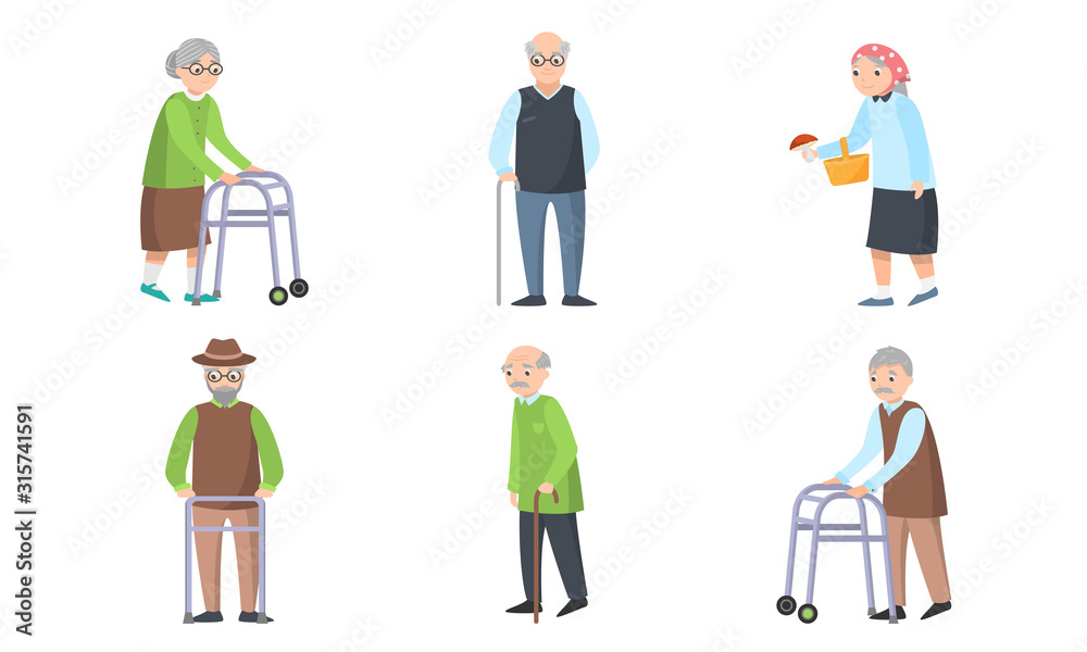 Elderly women and men with clubs and walkers vector illustration
