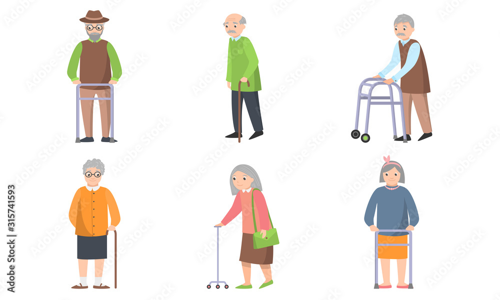 Elderly women and men with clubs and walkers vector illustration