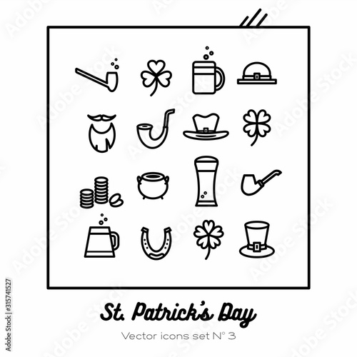 Saint Patricks day vector icons set. Black white line art flat icons for logo, sign, buttons. Minimalist st. Patricks day menu, flyer, poster. Isolated clover, beer glass, leprechaun hat, smoking pipe