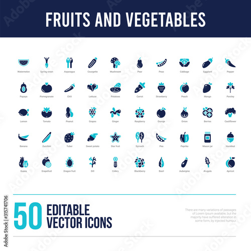 50 fruits and vegetables concept filled icons
