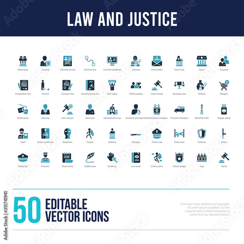 50 law and justice concept filled icons