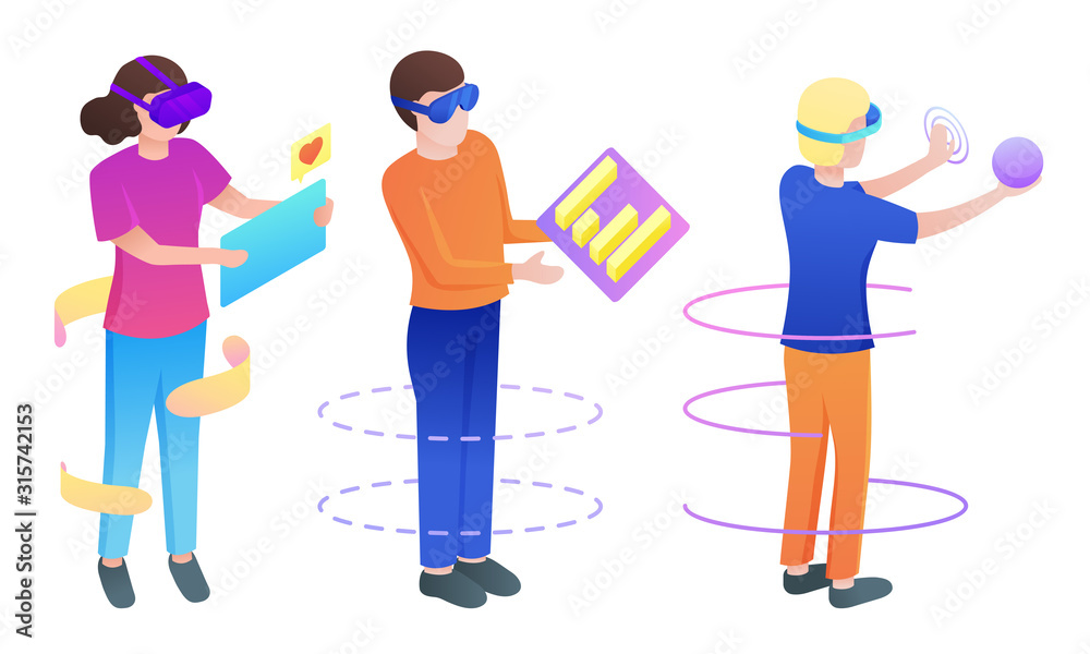 Set of people in masks playing games communicating vector illustration