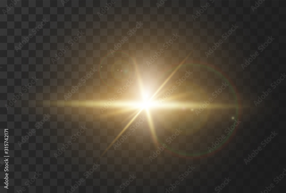Realistic effect of sunlight with glare and rays of the sun, the effect of flash or light. Vector illustration - obrazy, fototapety, plakaty 