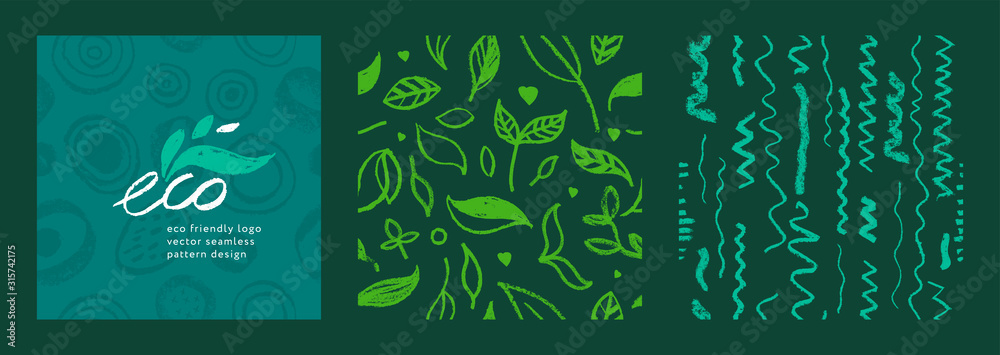 Organic food background for eco store. Eco-friendly icons set. Natural logo elements. Bio labels. Organic banner template for healthy design. Vector leaves pattern seamless. Agriculture growth logo. - obrazy, fototapety, plakaty 